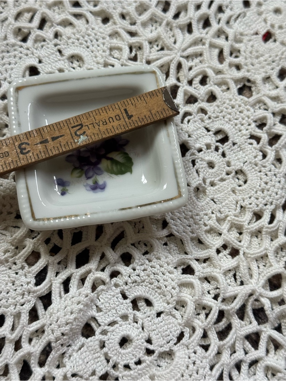 Vintage White Ceramic Square Dish with Purple Floral and Gold Trim - Picture 3 of 5